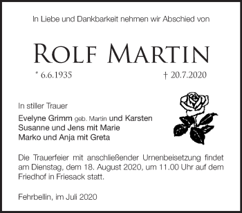 Traueranzeige von Rolf Martin  von Märkische Oderzeitung