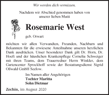 Traueranzeige von Rosemarie West von Märkische Oderzeitung