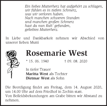 Traueranzeige von Rosemarie West von Märkische Oderzeitung