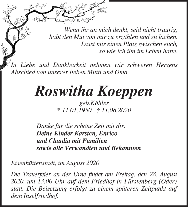  Traueranzeige für Roswitha Koeppen vom 23.08.2020 aus Märkische Oderzeitung