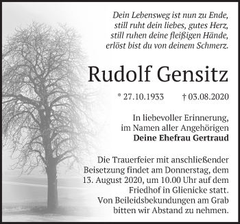 Traueranzeige von Rudolf Gensitz von Märkische Oderzeitung