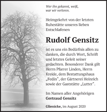 Traueranzeige von Rudolf Gensitz von Märkische Oderzeitung