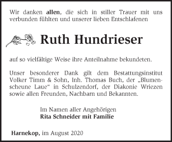 Traueranzeige von Ruth Hundrieser von Märkische Oderzeitung