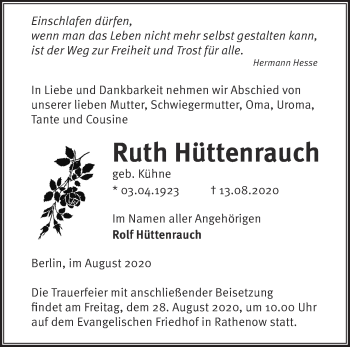 Traueranzeige von Ruth Hüttenrauch von Märkische Oderzeitung