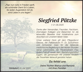 Traueranzeige von Siegfried Pätzke von Märkische Oderzeitung