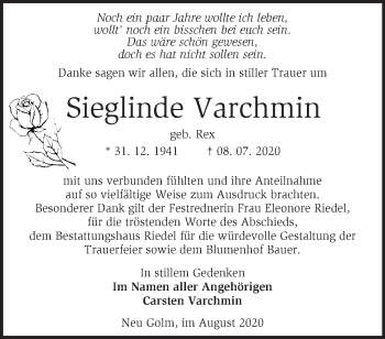 Traueranzeige von Sieglinde Varchmin von Märkische Oderzeitung