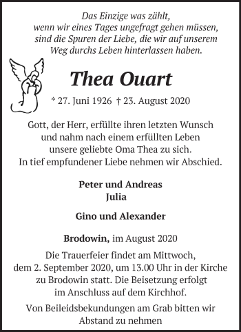 Traueranzeige von Thea Ouart von Märkische Oderzeitung