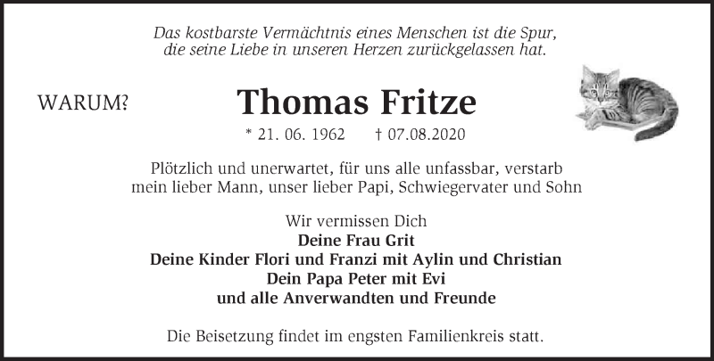  Traueranzeige für Thomas Fritze vom 16.08.2020 aus Märkische Oderzeitung