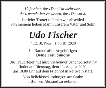 Traueranzeige von Udo Fischer von Märkische Oderzeitung