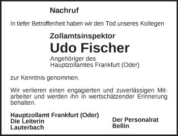 Traueranzeige von Udo Fischer von Märkische Oderzeitung