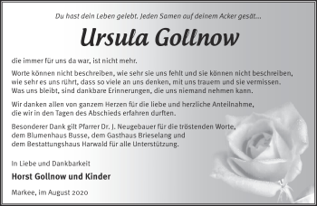 Traueranzeige von Ursula Gollnow von Märkische Oderzeitung