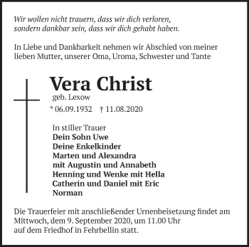 Traueranzeige von Vera Christ von Märkische Oderzeitung