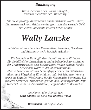 Traueranzeige von Wally Lanzke von Märkische Oderzeitung