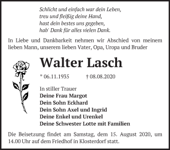 Traueranzeige von Walter Lasch von Märkische Oderzeitung