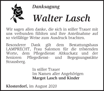 Traueranzeige von Walter Lasch von Märkische Oderzeitung