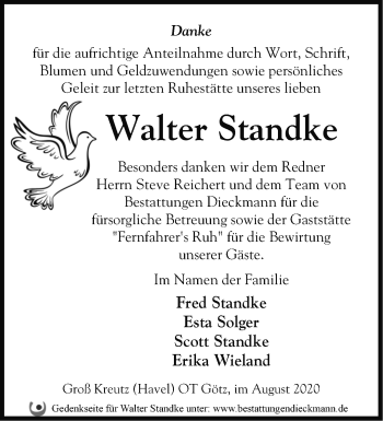 Traueranzeige von Walter Standke von Märkische Oderzeitung