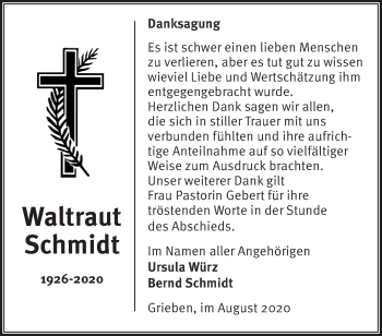 Traueranzeige von Waltraut Schmidt von Märkische Oderzeitung