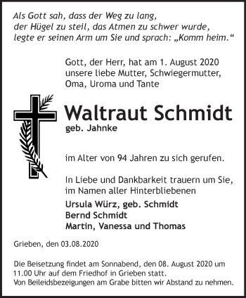 Traueranzeige von Waltraut Schmidt von Märkische Oderzeitung