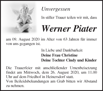 Traueranzeige von Werner Piater von Märkische Oderzeitung