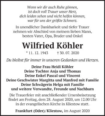 Traueranzeige von Wilfried Köhler von Märkische Oderzeitung