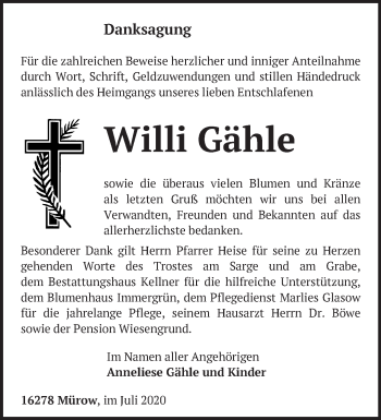 Traueranzeige von Willi Gähle von Märkische Oderzeitung