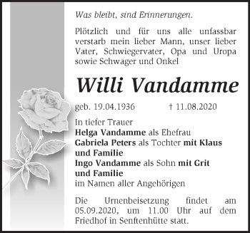 Traueranzeige von Willi Vandamme von Märkische Oderzeitung