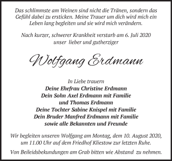 Traueranzeige von Wolfgang Erdmann von Märkische Oderzeitung