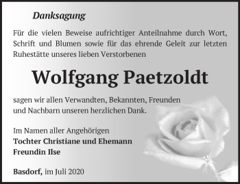 Traueranzeige von Wolfgang Paetzoldt von Märkische Oderzeitung