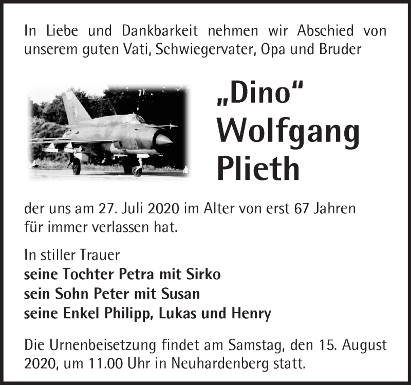  Traueranzeige für Wolfgang Plieth vom 01.08.2020 aus Märkische Oderzeitung