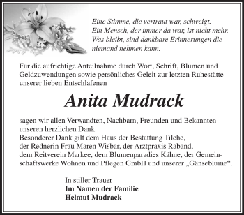 Traueranzeige von Anita Mudrack von Märkische Oderzeitung