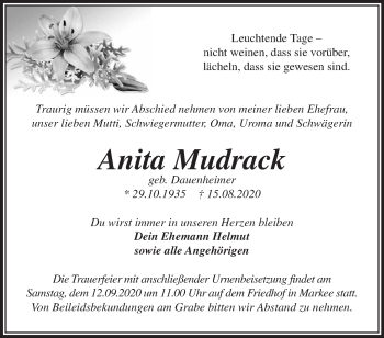 Traueranzeige von Anita Mudrack von Märkische Oderzeitung