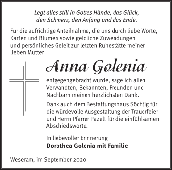 Traueranzeige von Anna Golenia von Märkische Oderzeitung