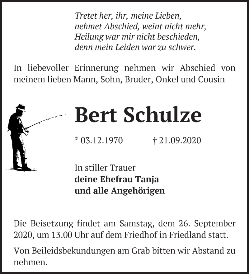  Traueranzeige für Bert Schulze vom 23.09.2020 aus Märkische Oderzeitung
