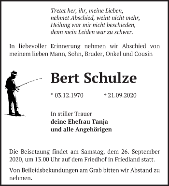 Traueranzeige von Bert Schulze von Märkische Oderzeitung