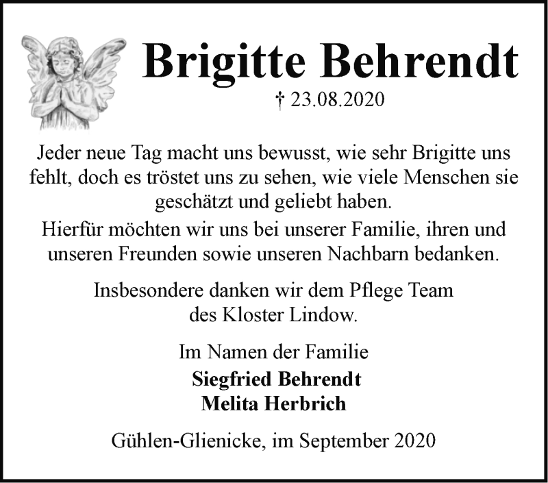  Traueranzeige für Brigitte Behrendt vom 19.09.2020 aus Märkische Oderzeitung