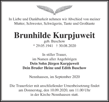 Traueranzeige von Brunhilde Kurpjuweit von Märkische Oderzeitung