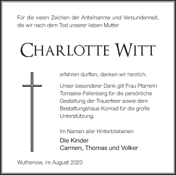 Traueranzeige von Charlotte Witt von Märkische Oderzeitung