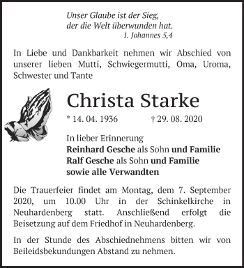 Traueranzeige von Christa Starke von Märkische Oderzeitung