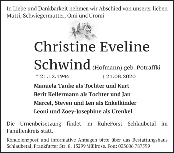 Traueranzeige von Christine Eveline Schwind von Märkische Oderzeitung