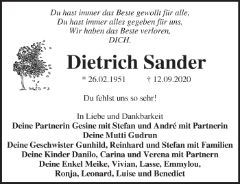 Traueranzeige von Dietrich Sander von Märkische Oderzeitung