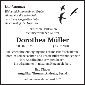 Traueranzeige von Dorothea Müller von Märkische Oderzeitung