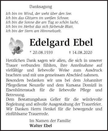 Traueranzeige von Edelgard Ebel von Märkische Oderzeitung