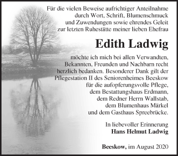 Traueranzeige von Edith Ladwig von Märkische Oderzeitung