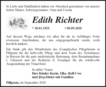 Traueranzeige von Edith Richter von Märkische Oderzeitung