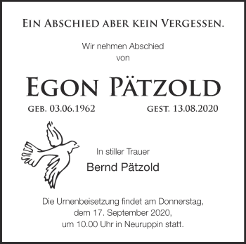 Traueranzeige von Egon Pätzold von Märkische Oderzeitung