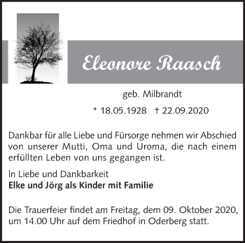 Traueranzeige von Eleonore Raasch von Märkische Oderzeitung