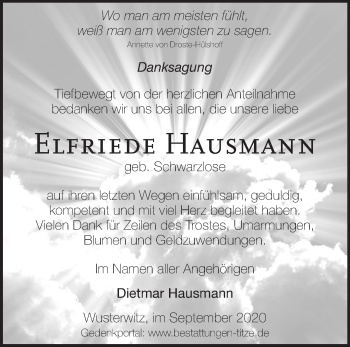 Traueranzeige von Elfriede Hausmann von Märkische Oderzeitung