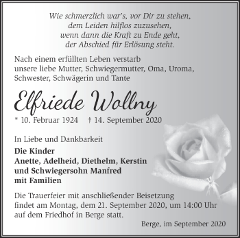 Traueranzeige von Elfriede Wollny von Märkische Oderzeitung