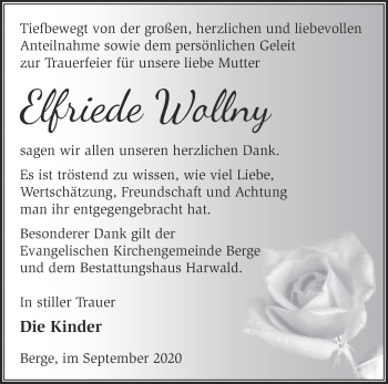 Traueranzeige von Elfriede Wollny von Märkische Oderzeitung