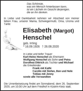 Traueranzeige von Elisabeth Henschel von Märkische Oderzeitung